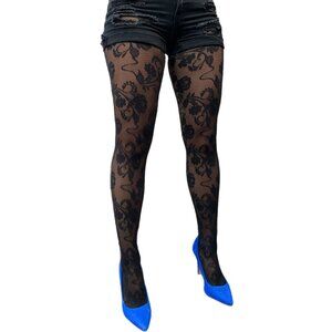 Black Flower Lace Tights For Women, Vintage Floral Pattern